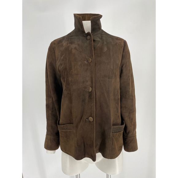 Womens Vintage Brown Suede Leather Jacket Zip Out Lining 70s M Button Up Blazer - Picture 3 of 14